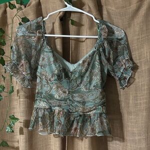 Meraki Teal and Beige Patterned Blouse